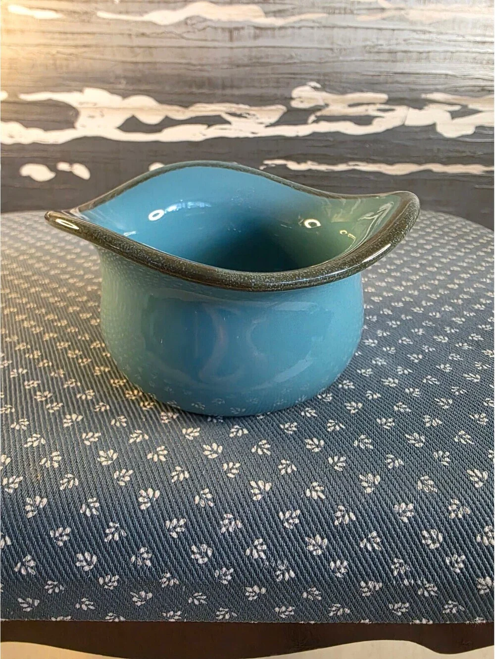 Home Essentials Turquoise Blue Ceramic Mini Bowl Wavy Brown Rim 4.25”